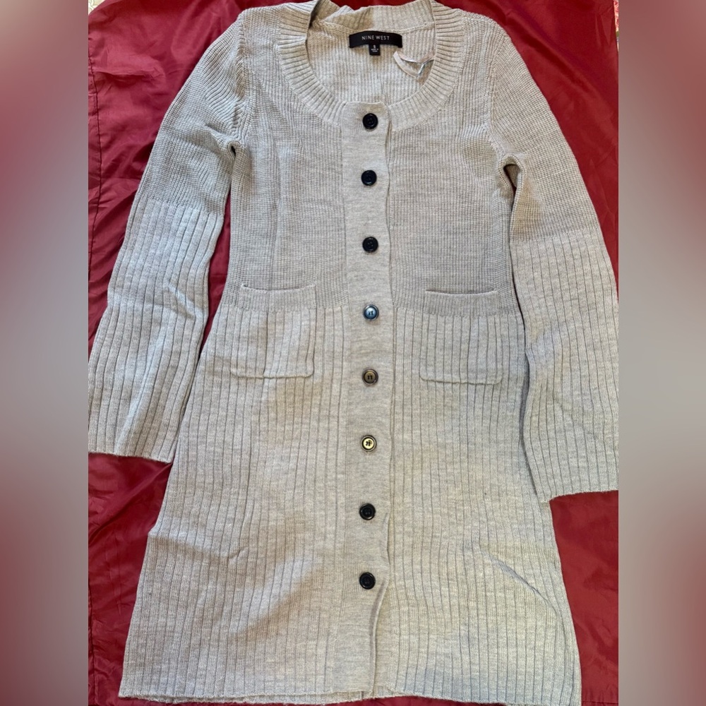 Nine West Gray Cardigan Sweater Ribbed Knit